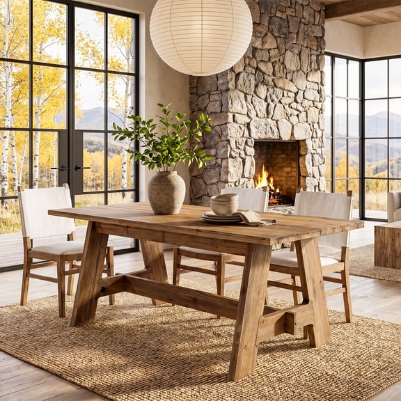 Tribesigns 63-Inch Farmhouse Dining Table for 4-6, Natural Solid Wood Rectangle Kitchen Table with Sturdy Trestle Base for Dining Room, Kitchen