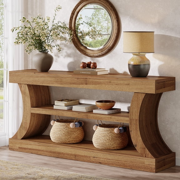 Tribesigns 63-Inch Farmhouse Entryway Console Table with Storage, TV Console with Curved Design for Living Room, Bedroom (Light Walnut, 11.81" D x 62.99" W x 31.50" H)