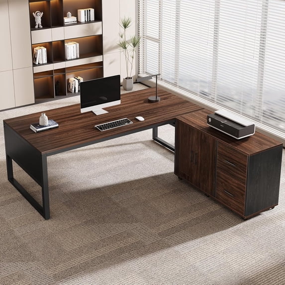 Finmind 63-Inch L-Shaped Desk, Modern Executive Desk with Mobile File Cabinet,Dark Walnut & Black