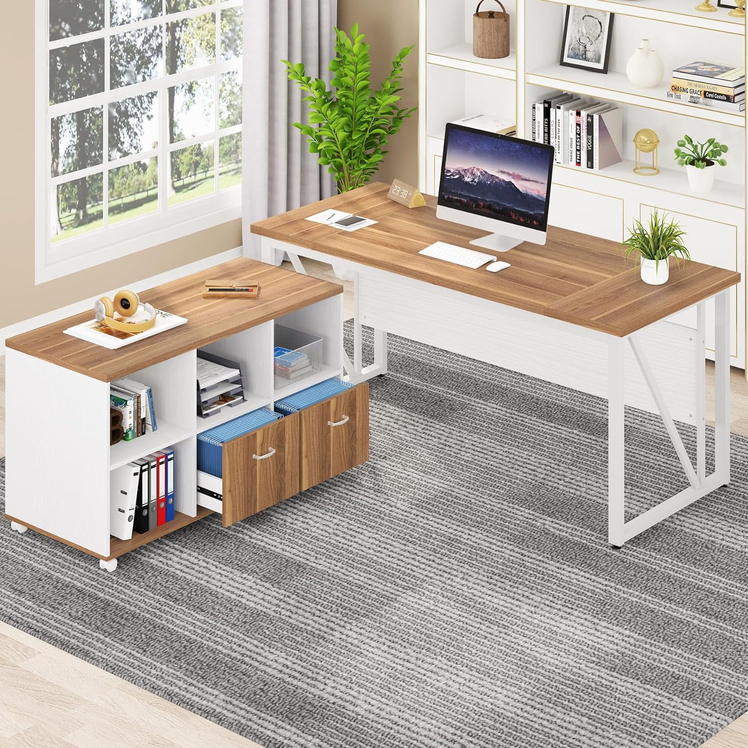 Tribesigns 63 Inch L Shaped Executive Desk and 47" Lateral File Cabinet, Home Office Business Furniture with Drawers and Storage Cubes, Brown and White