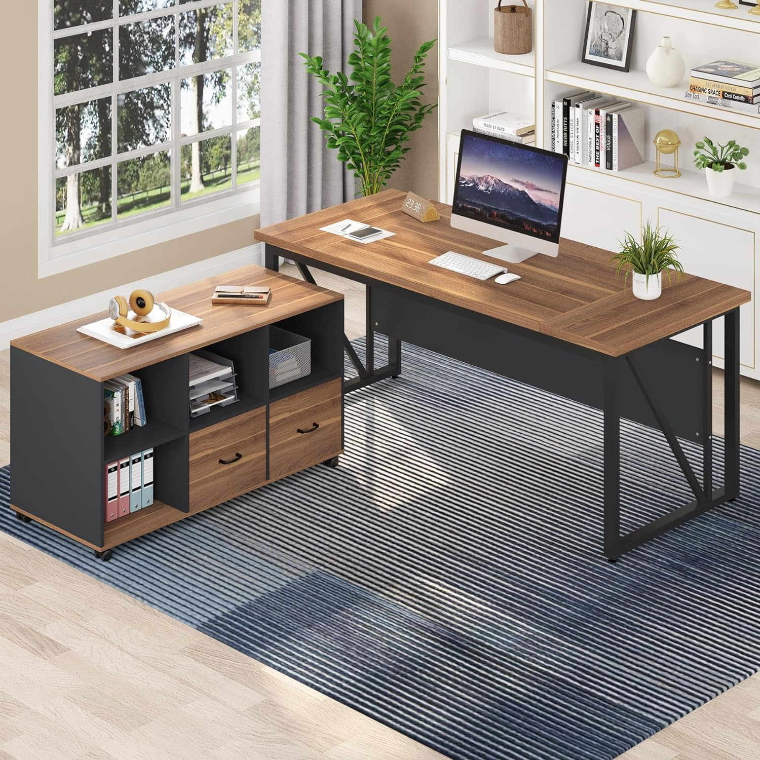 Tribesigns 63 Inch L Shaped Executive Desk and 47" Lateral File Cabinet, Home Office Business Furniture with Drawers and Storage Cubes, Walnut and Black