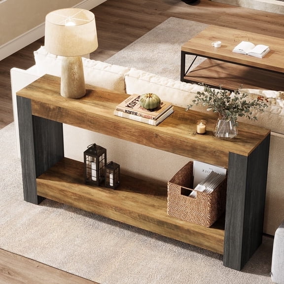 Tribesigns Long Console Table, 63-Inch Farmhouse Wood Sofa Table Behind Couch for Living Room, Rustic Brown & Black