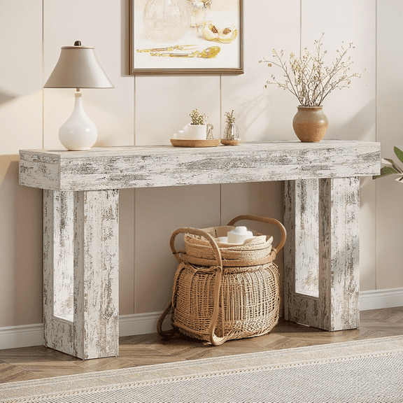 Tribesigns 63-Inch Long Console Table, Farmhouse Entryway Table for Entrance, Hallway, Living Room（Distressed White)