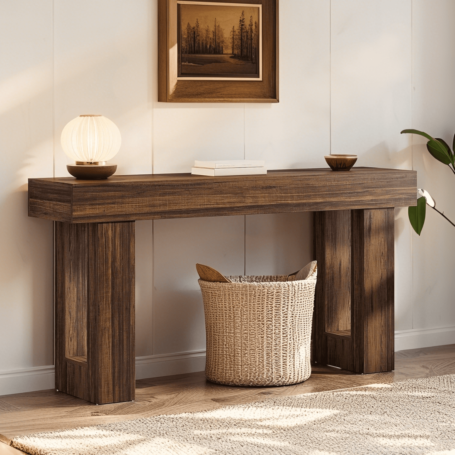 63-Inch Rustic Brown Wooden Console Table with Storage