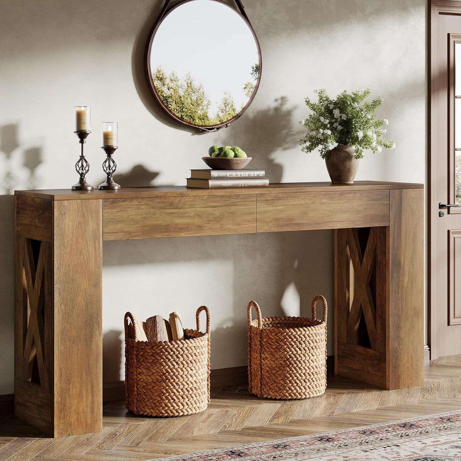 Tribesigns 63-Inch Long Console Table, Farmhouse Entryway Table with 2 Drawers and X-Shaped Legs for Entrance, Warm Brown