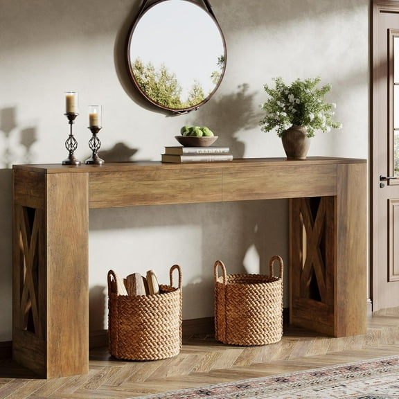 Tribesigns 63-Inch Long Console Table, Farmhouse Entryway Table with 2 Drawers and X-Shaped Legs for Entrance, Warm Brown