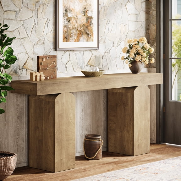 Tribesigns 63-Inch Long Console Table, Farmhouse Wooden Entryway Table with 2 Arched Pedestal Legs for Living Room (Brown)