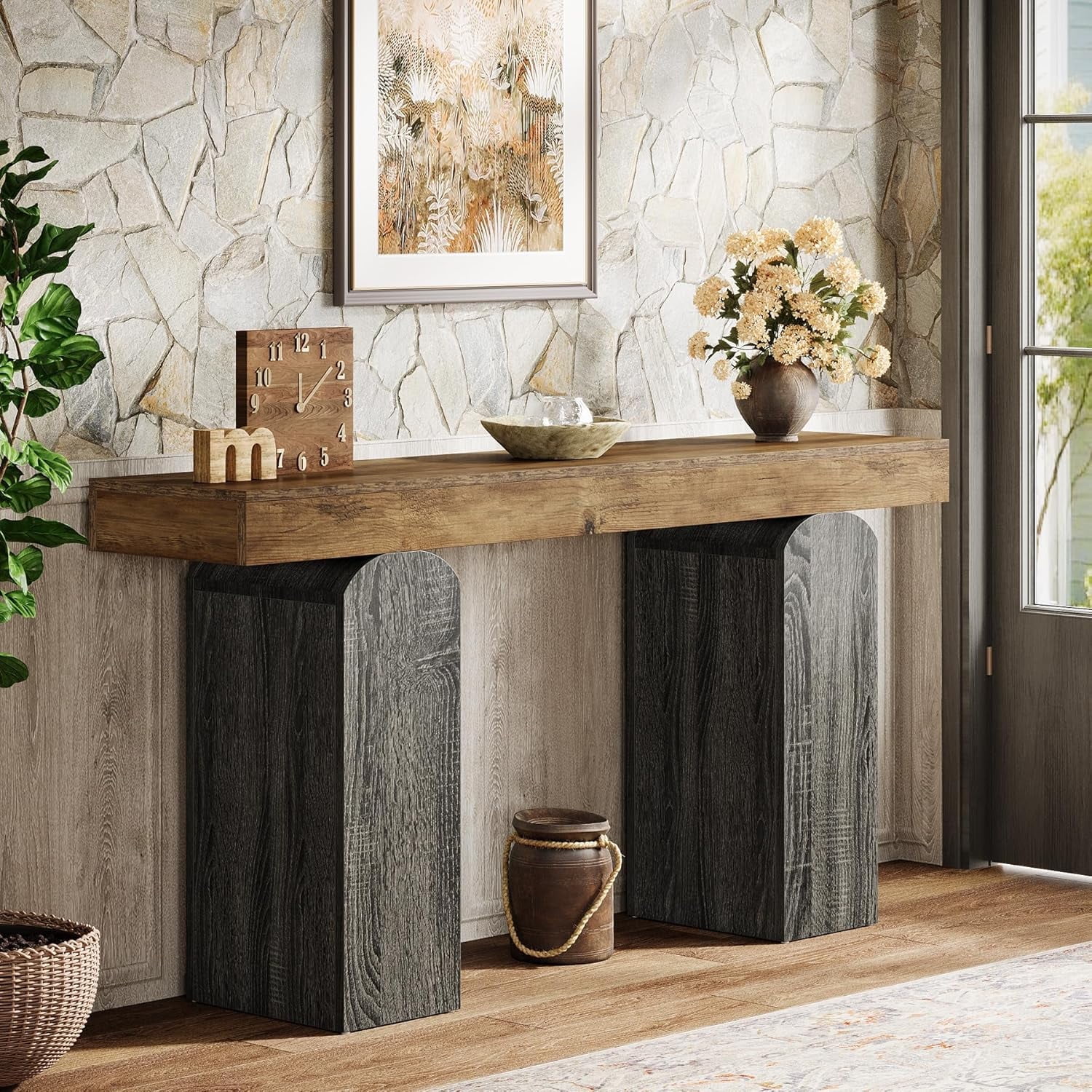 Tribesigns 63-Inch Long Console Table, Farmhouse Wooden Entryway Table with 2 Arched Pedestal Legs for Living Room (Vintage Brown & Grey)