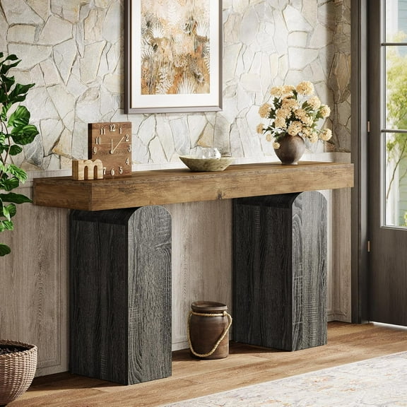 Tribesigns 63-Inch Long Console Table, Farmhouse Wooden Entryway Table with 2 Arched Pedestal Legs for Living Room (Vintage Brown & Grey)