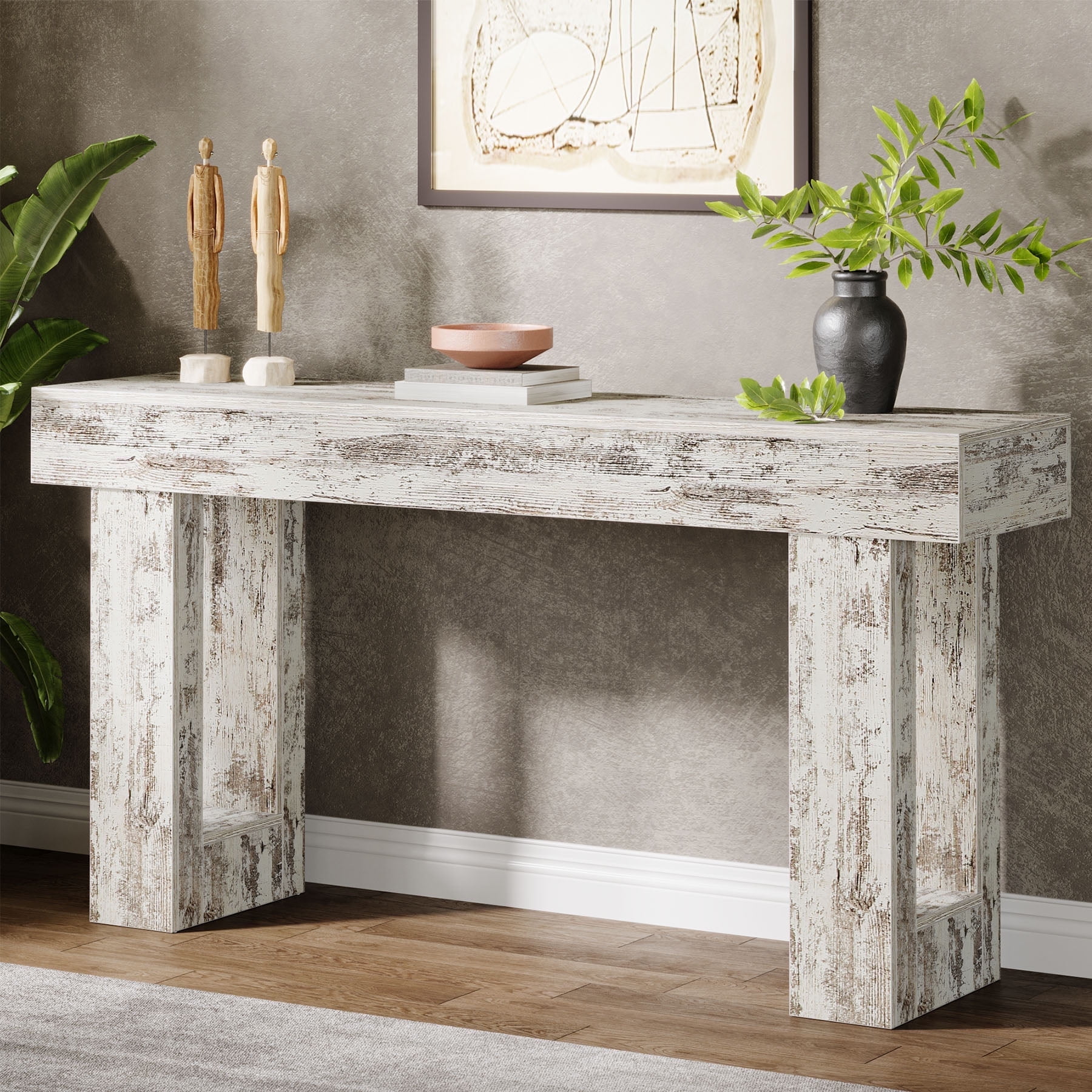 Tribesigns 63-Inch Long Console Table, Farmhouse Wooden Sofa Table Behind The Couch, Entryway Table for Entrance, Hallway, Living Room, Distressed White