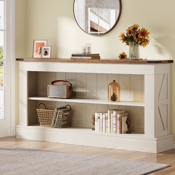 Finmind 63-inch Long Console Table for Entryway, Narrow Long Entry Table with Shelf for Living Room,White and Brown