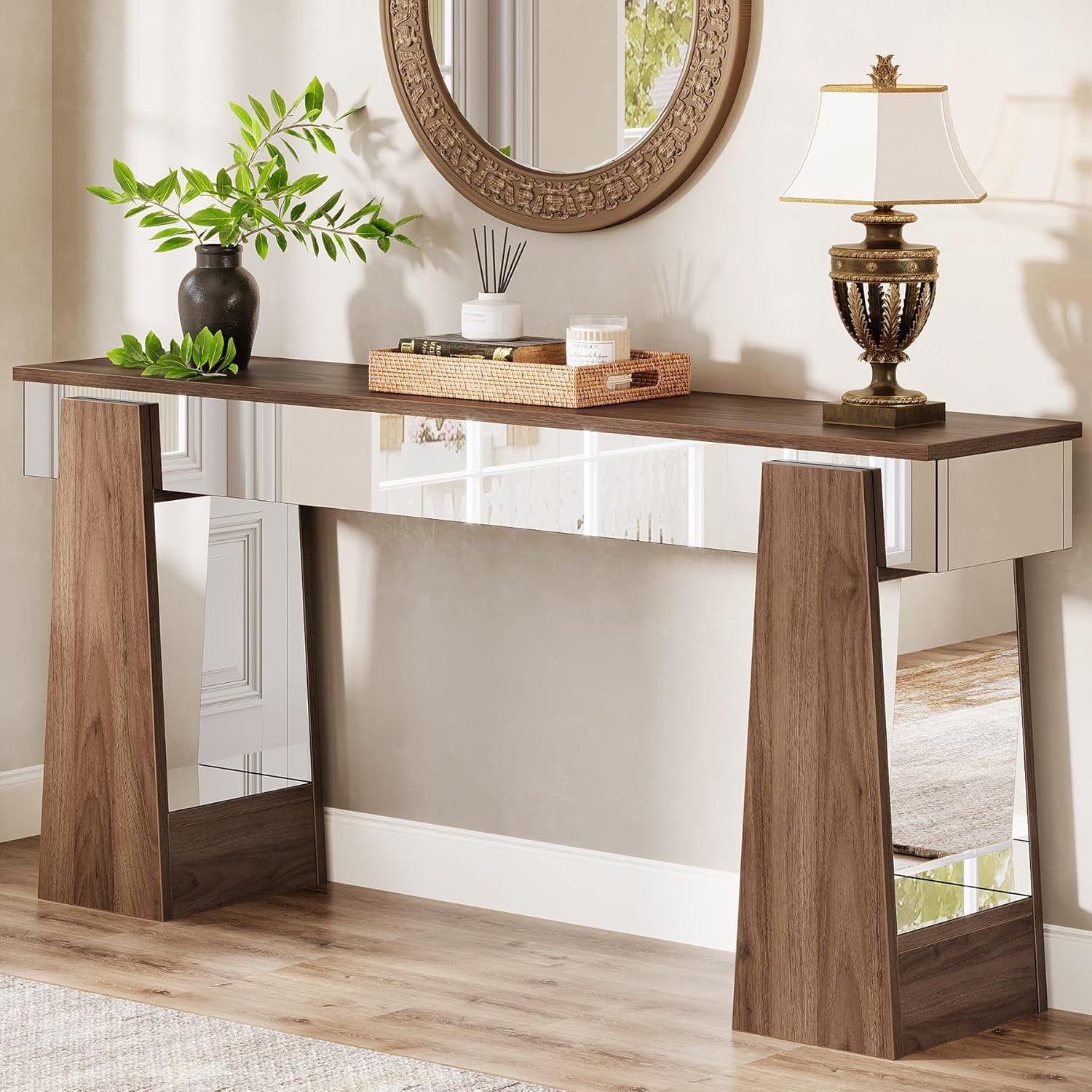 Finmind 63-Inch Mirrored Console Table, Farmhouse Entryway Table with ...