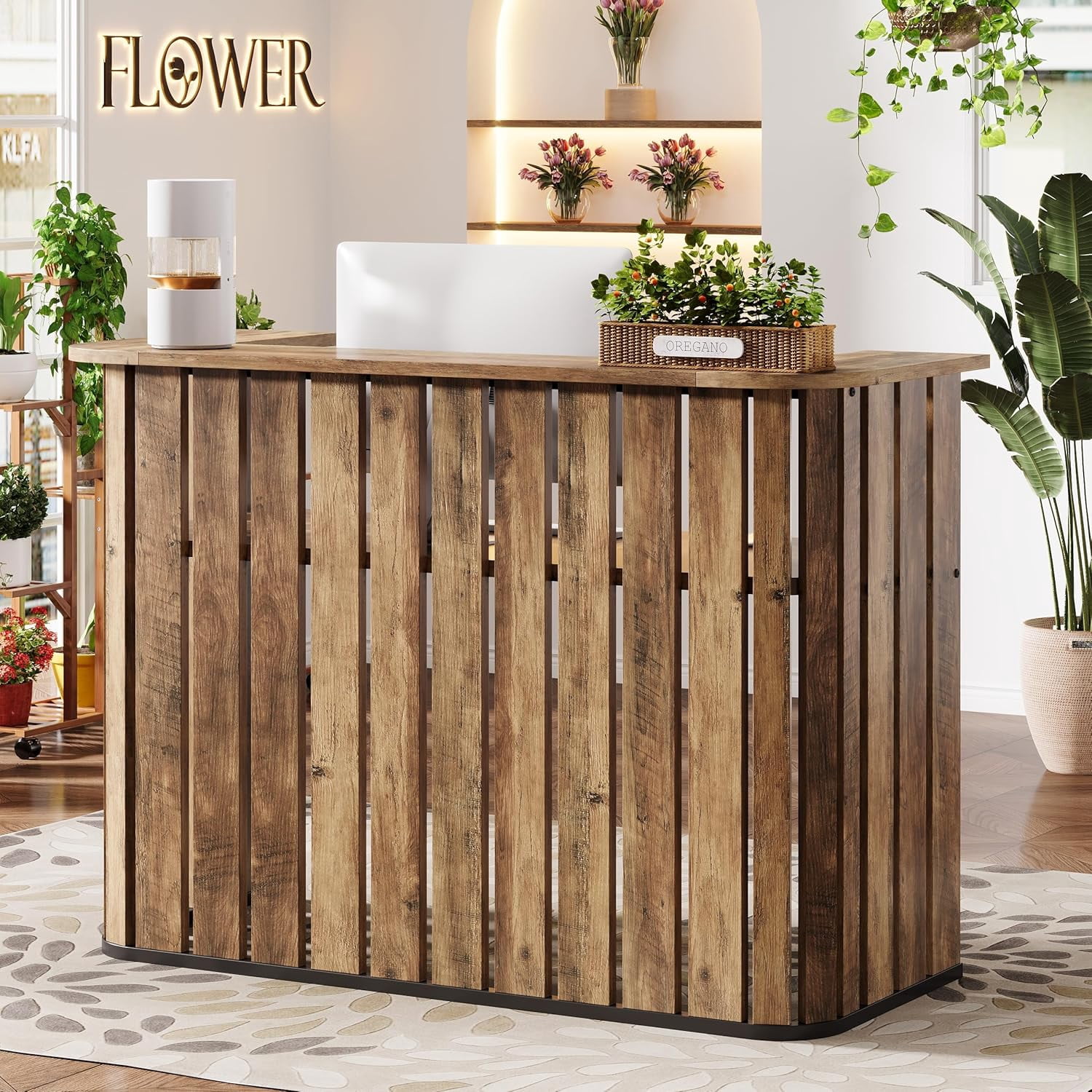 Finmind 63" U-Shaped Reception Desk with Counter, Modern Front Desk with Private Panel for Salon, Lobby, Retail Store, Office, Rustic Brown