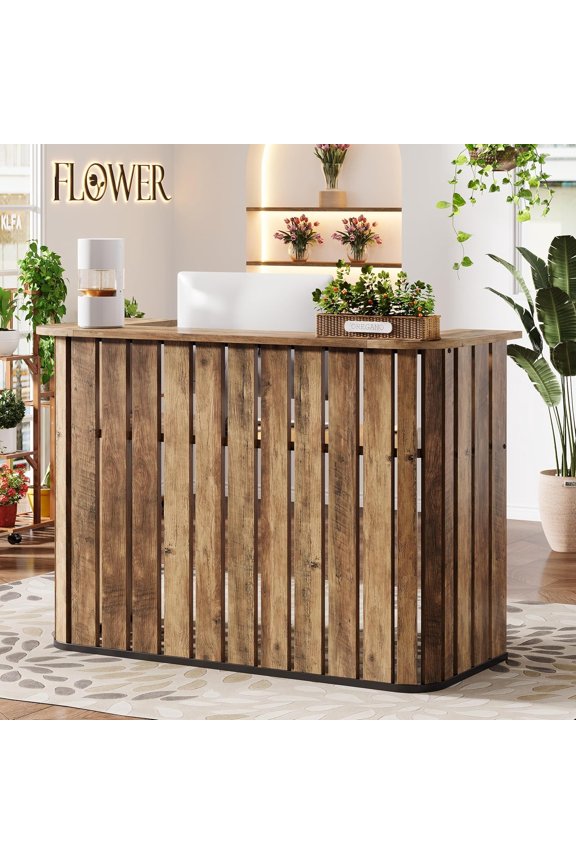 63" U-Shaped Reception Desk with Counter, Modern Front Desk with Private Panel for Salon, Lobby, Retail Store, Office, Rustic Brown