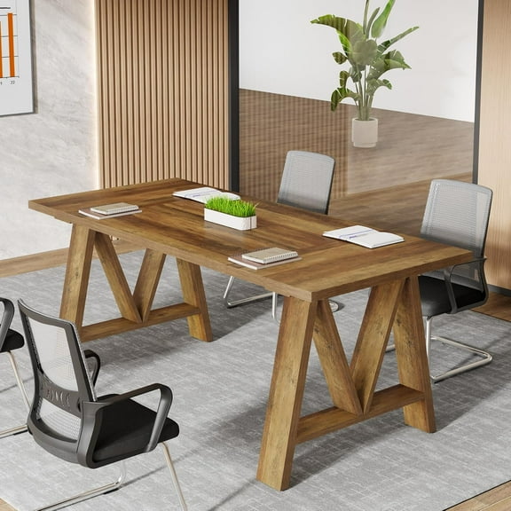 Tribesigns 63-Inch Rectangle Brown Wood Conference Table Conference Room Table Computer Desk with Sturdy Legs for 4-6 People (1)