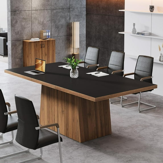 Tribesigns 63-Inch Rectangle Conference Table for 6-8 People, Large Meeting Table with Sturdy Pedestal Base for Conference Room, Black & Brown