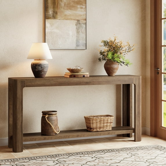 Finmind 63 Inch Rustic 2-Tier Entryway Console Table, Narrow Sofa Table, Accent Furniture for Foyer and Hallway, Rustic Brown