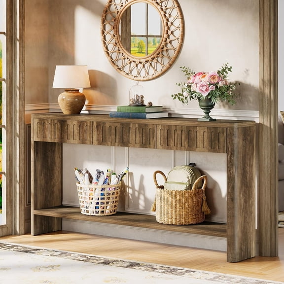 Tribesigns 63 Inch Rustic Farmhouse Console Table, Fluted Wood Entryway Table with 3 Drawers and Open Shelf for Behind Couch Living Room Hallway Foyer Entrance
