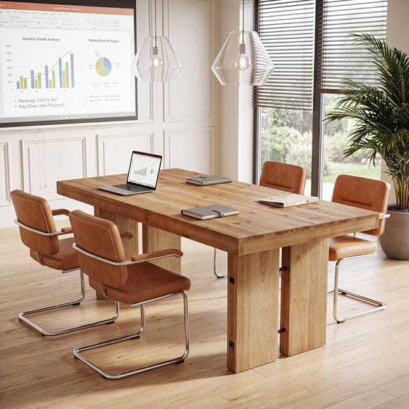 Tribesigns 63-Inch Solid Wood Conference Table, Farmhouse Rectangle Seminar Table with Pedestal Base for 6 People (Without Chair, Light Brown)