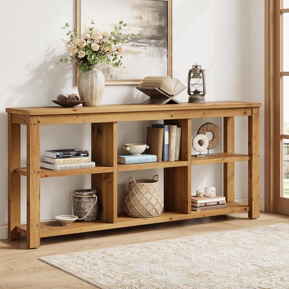 Tribesigns 63-Inch Solid Wood Console Sofa Table, 3-Tier Narrow Farmhouse Entryway Table with 6 Storage Cubes for Living Room, Hallway, Brown