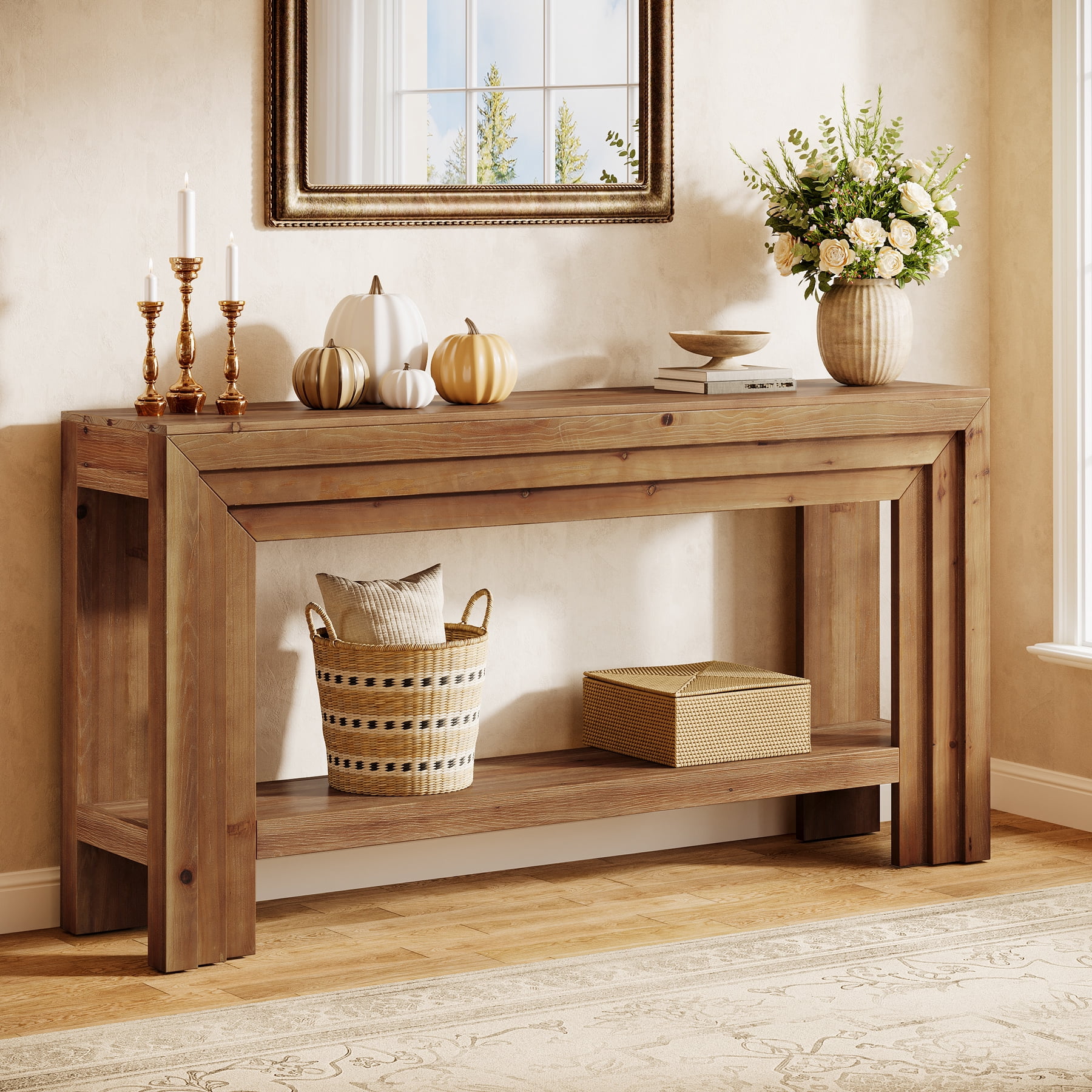 Tribesigns 63-Inch Solid Wood Console Table, Farmhouse Entryway Table with Dimensional Linear Frame for Entrance, Hallway, Living Room, Brown