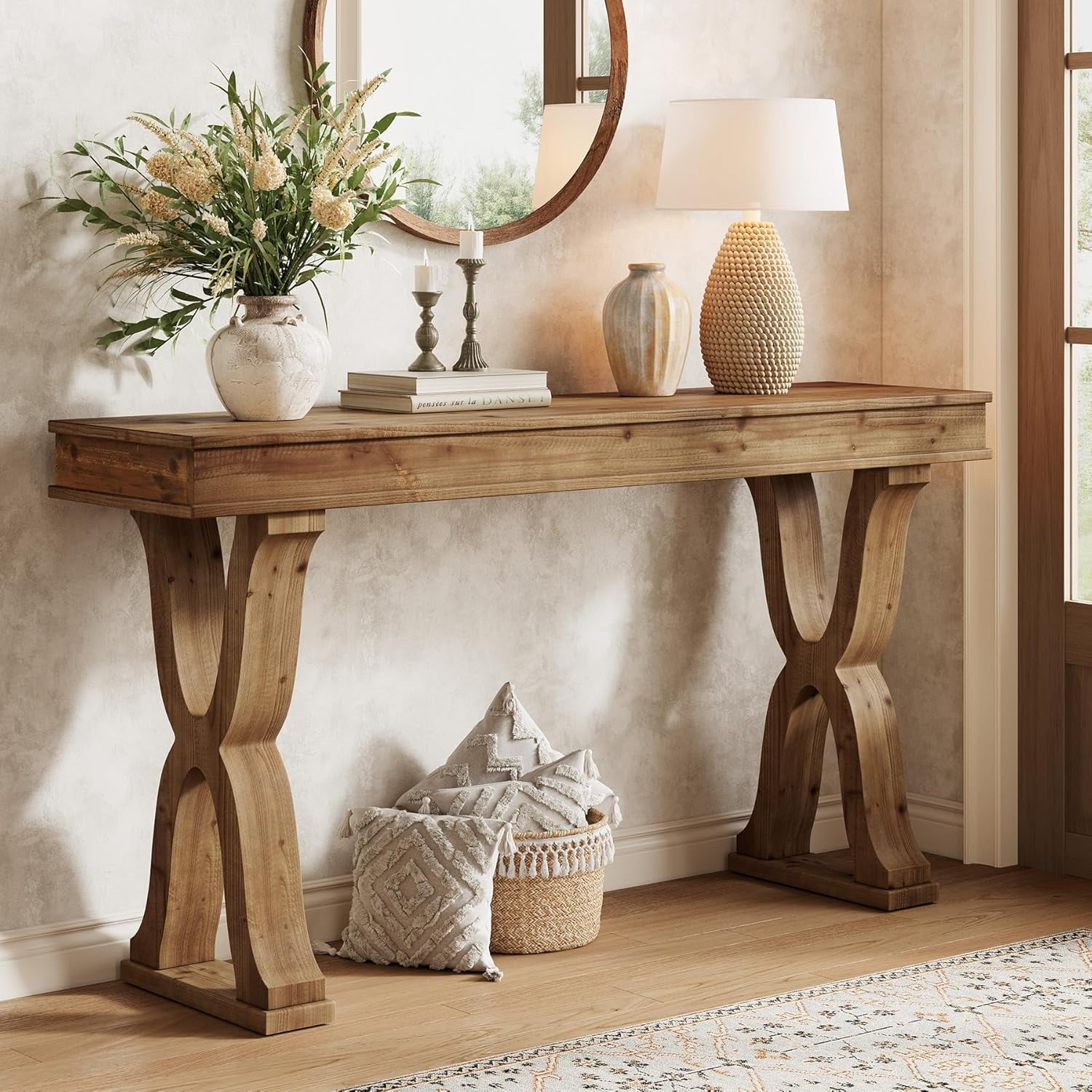 Tribesigns 63-Inch Solid Wood Console Table, Farmhouse Narrow Entryway Table with X-Shaped Legs for Hallway, or Foyer, Easy Assembly