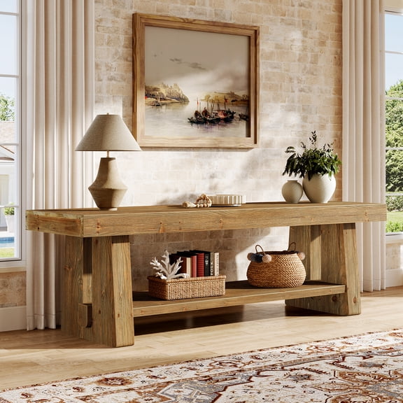 Tribesigns 63-Inch Solid Wood TV Stand, 2-Tier Farmhouse Entertainment Center with Open Storage Shelves for TVs up to 75 Inches