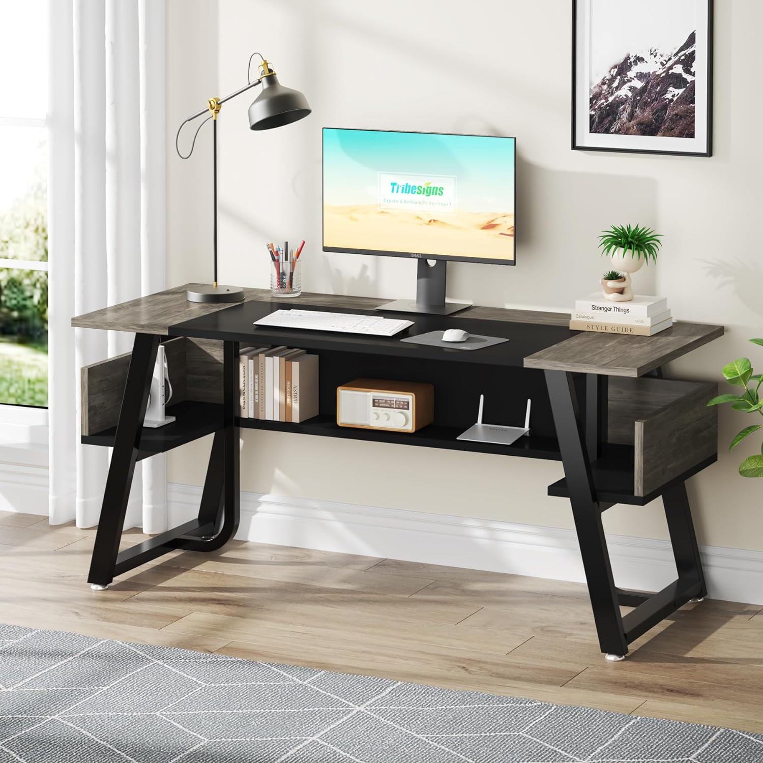 Tribesigns 63 Inches Computer Desk with Bottom Shelves, Large Executive