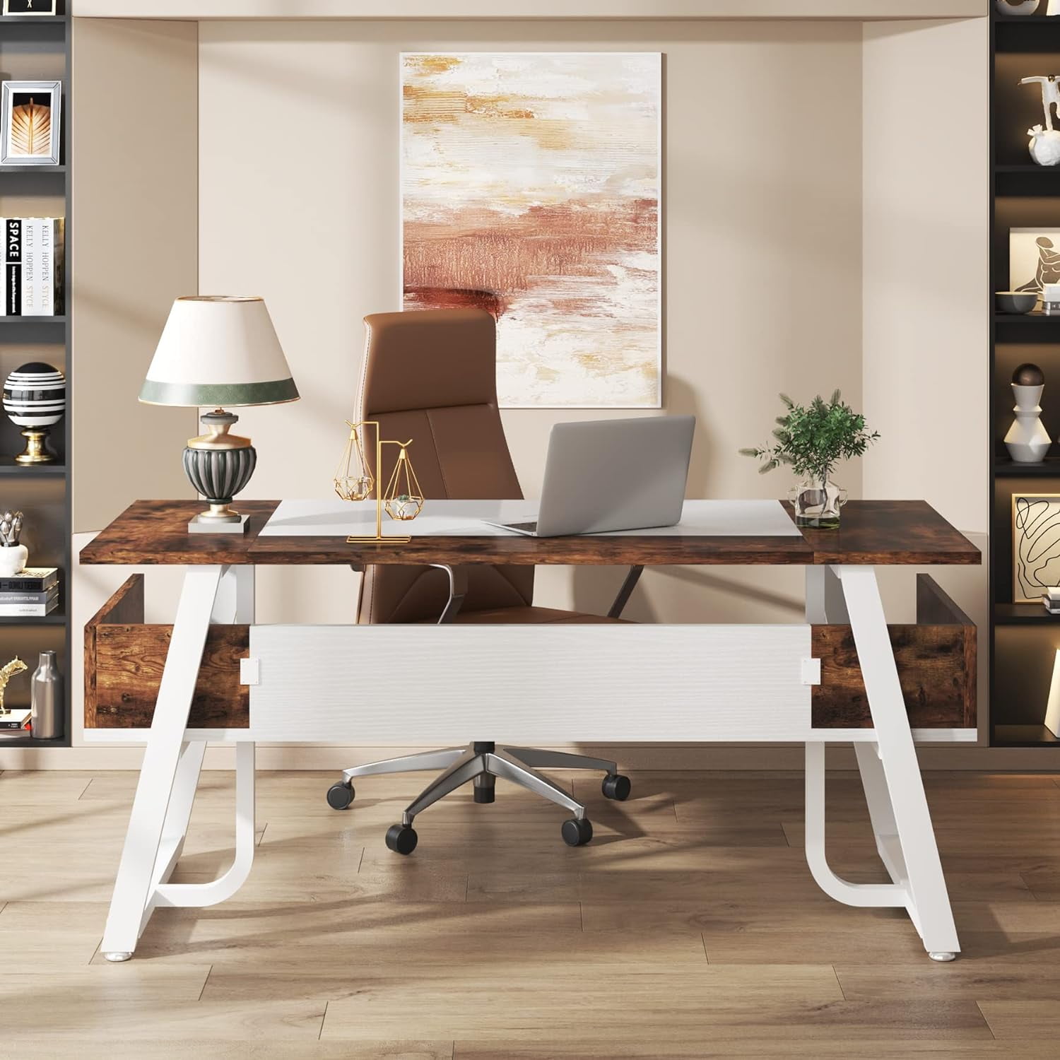 Tribesigns 63 Inches Desk with Bottom Shelves, Black and Brown Large