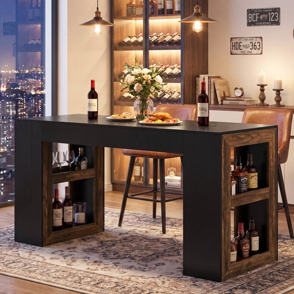 Tribesigns 63" Industrial Bar Table, Rectangular Counter Height Pub Table with Storage Shelves for Home Bar, Dining Room, Bistro, Black & Brown