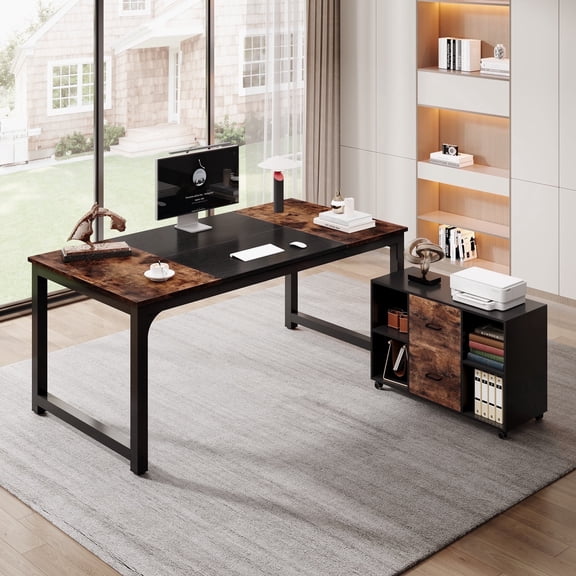 Finmind 63" L-Shaped Computer Desk, Home Office Desk with Storage Cabinet & Drawer, Brown & Black