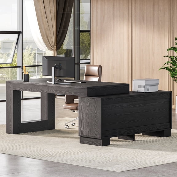 Tribesigns 63" L-Shaped Computer Desk with Storage Cabinets and 2-Tier Shelf, Modern Large Executive Table for Home Office, Black