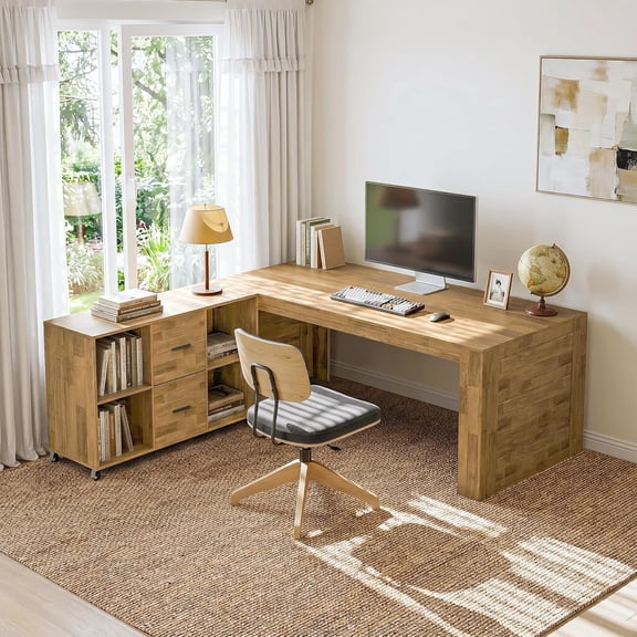 Tribesigns 63" L Shaped Desk with Storage, Executive Office Desk with Rolling File Cabinet Combo, Business Furniture Set for Home Office, Brown