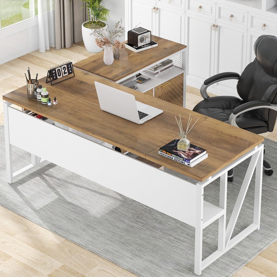 Tribesigns 63" L Shaped Executive Desk with Lateral File Cabinet, Doors with Locks, Desk with Shelf (Brown and White)