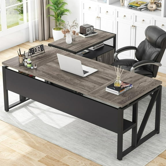 Tribesigns 63" L Shaped Executive Desk with Lateral File Cabinet, Doors with Locks, Desk with Shelf (Gray and Black)