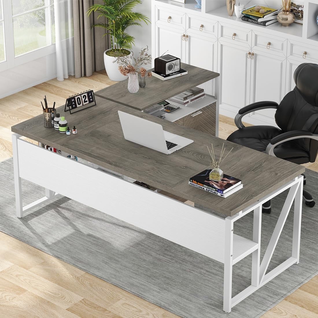 Tribesigns 63" L Shaped Executive Desk with Lateral File Cabinet, Doors with Locks, Desk with Shelf (Gray and White)
