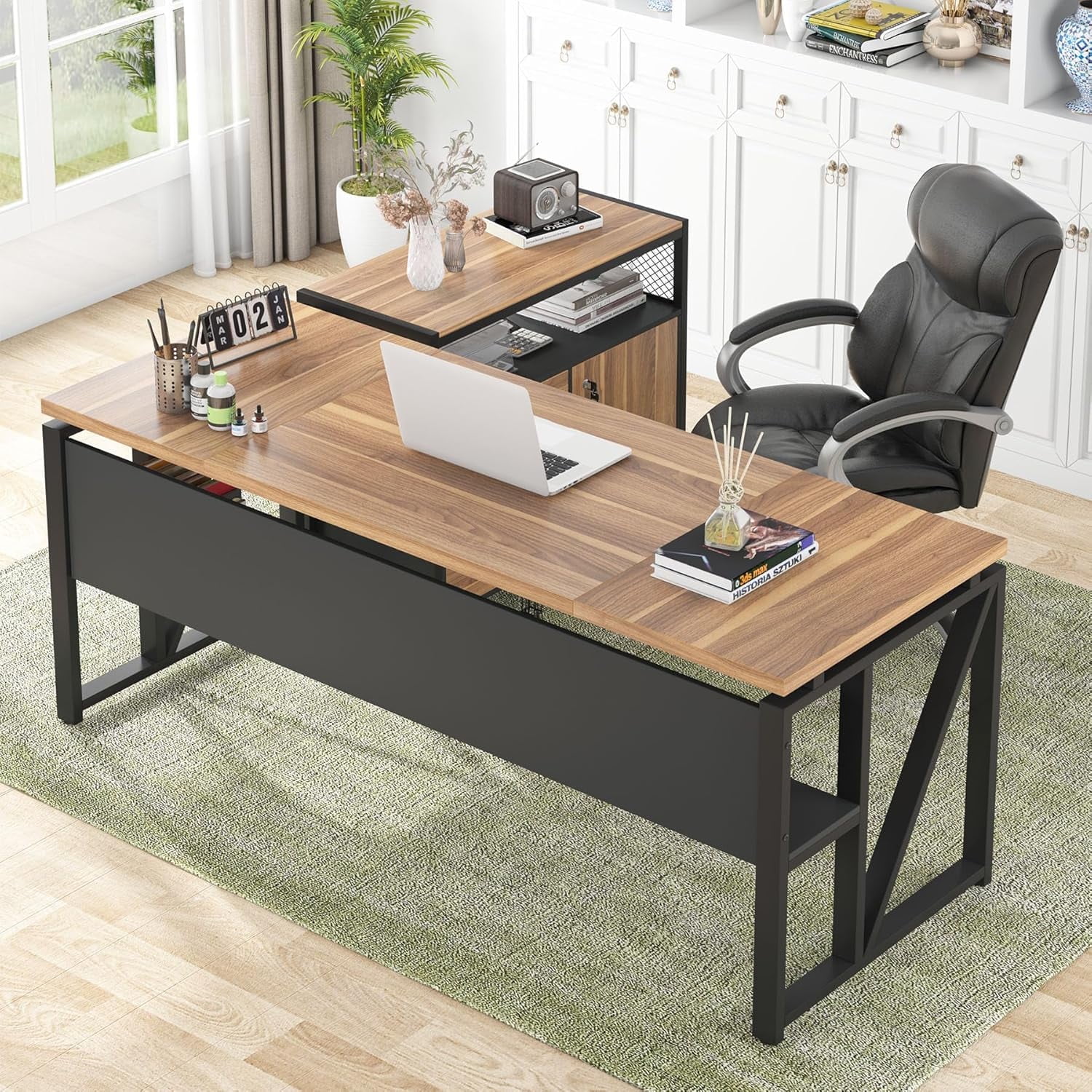 Tribesigns 63" L Shaped Executive Desk with Lateral File Cabinet, Doors with Locks, Desk with Shelf (Walnut and Black)