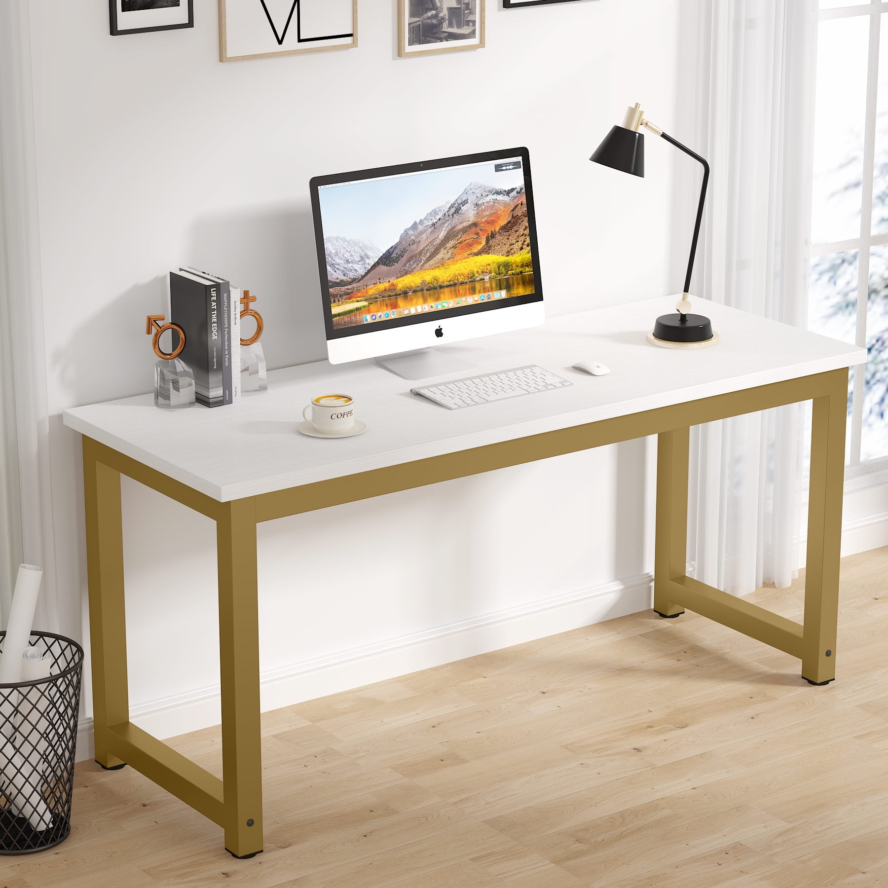 Tribesigns Way to Origin Halseey 63 in. Rectangular Modern White Gold Wood Executive Desk, Large Computer Desk with Drawer, Conference Room Table