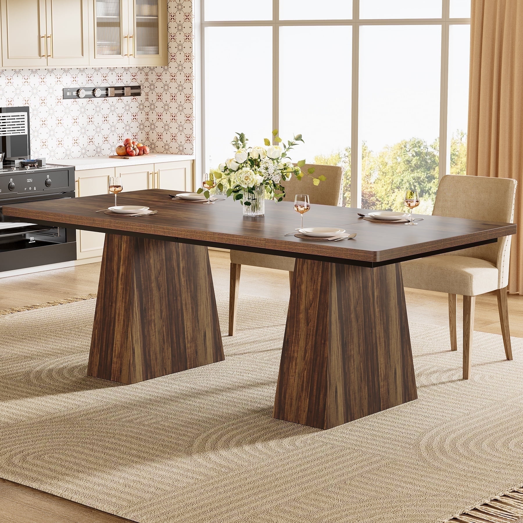 Finmind 63 inch Farmhouse Dining Table for 4-6 People, Modern Wooden Rectangular Kitchen Table for Dining Room, Kitchen, Rustic Brown