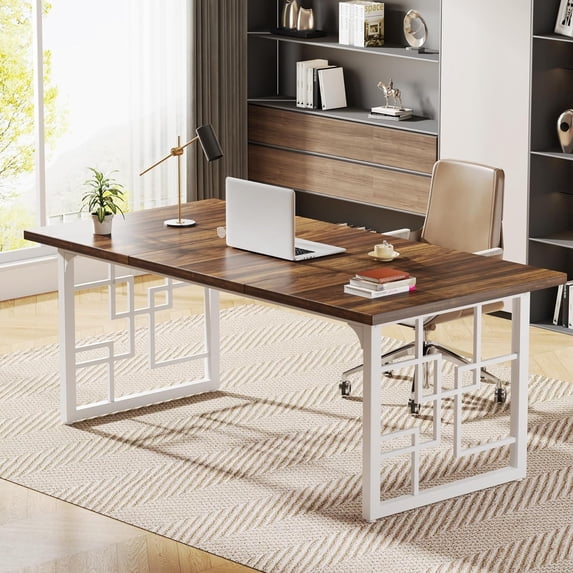 Tribesigns 63" Large Office Desk, Industrial Executive Desk, Wooden Computer Desk with White Metal Legs, Simple Study Writing Table, Big Workstation Business Furniture for Home Office