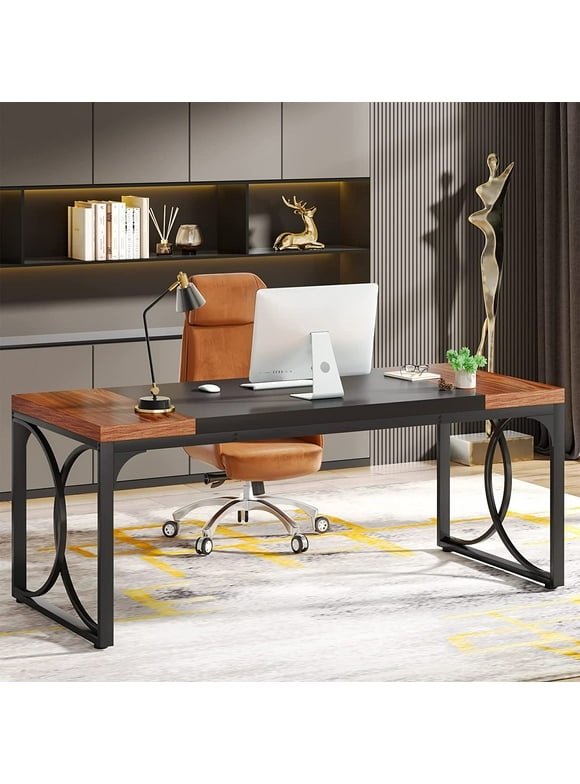 Tribesigns 63" Large Office Executive Desk, Industrial Walnut & Black Workstation