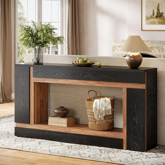 Tribesigns 63" Long Console Table, 2-Tier Narrow Wood Sofa Table Behind Couch for Entrance, Black