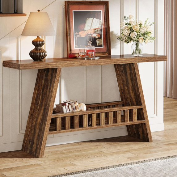 Tribesigns 63" Long Entryway Table, 2-Tier Farmhouse Console Table for Living Room, Rustic Brown