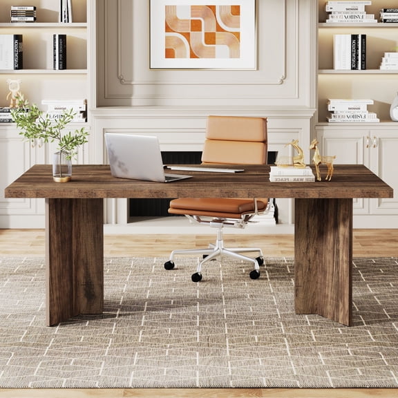 Finmind 63" Office Computer Desk, Vintage Executive Desk Conference Table for Home Office, Walnut