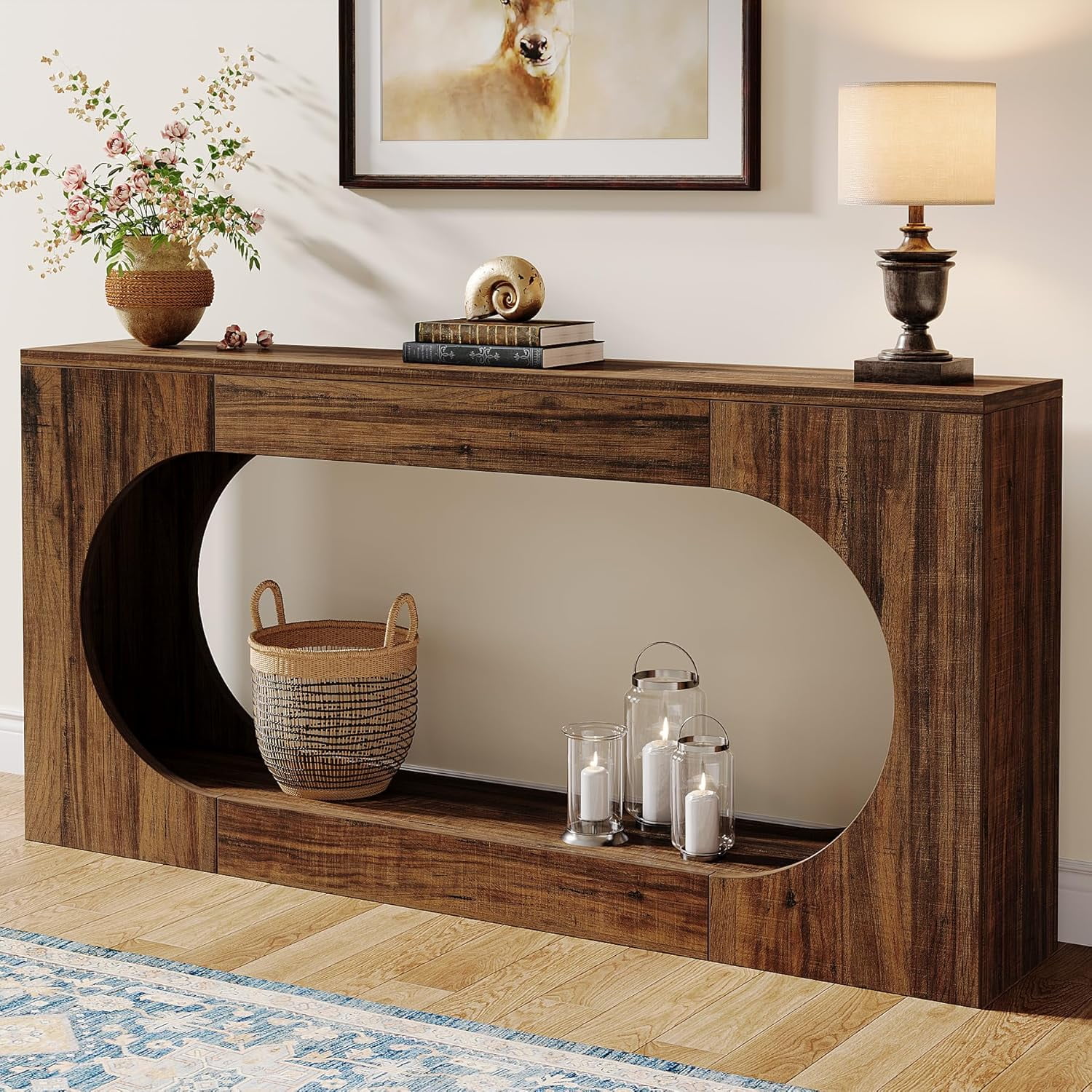 63-Inch Rustic Brown Wood Console Table with Storage Shelf