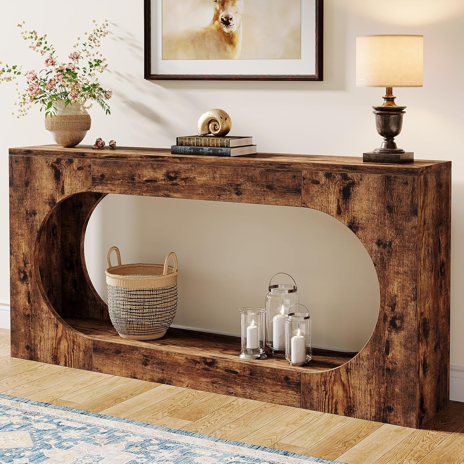 63-Inch Rustic Brown Wood Console Table with Storage Shelf