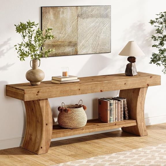 Tribesigns 63" Solid Wood Console Table, Farmhouse Low TV Console for Living Room, Entryway, Hallway, Brown