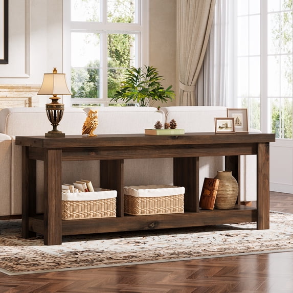 Tribesigns 63" Solid Wood Console Table with Storage, Long Entryway & Sofa Table for Behind Couch, Farmhouse Hallway Accent for Living Room, 63" TV Console Stand, Natural Finish (1, Dark Brown)