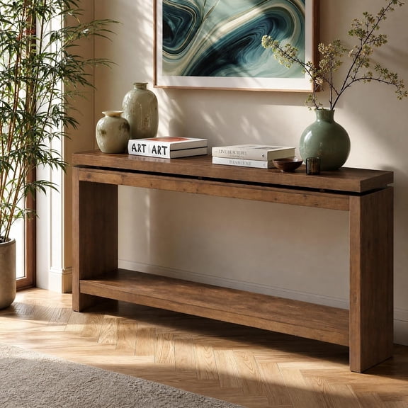 Tribesigns 63" Solid Wood Console Table for Entryway, Rustic Farmhouse | Layered Double-Top Design, Behind Sofa, Living Room & Foyer
