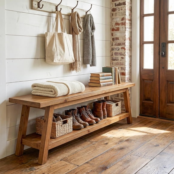 Tribesigns 63" Solid Wood Entryway Bench With Storage